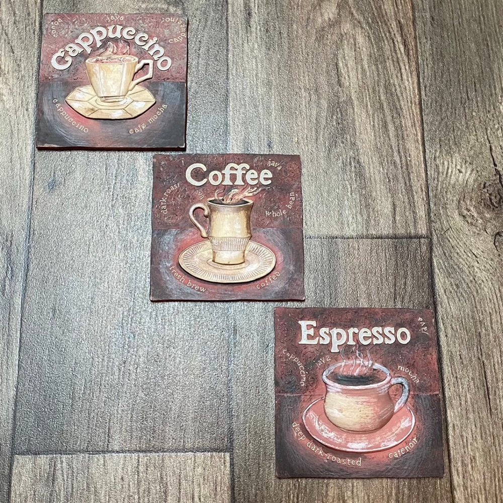 Rustic Coffee Bistro Wall Art Tiles | Espresso Cappuccino Decor (Set of 3) - Picture 2 of 5